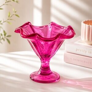 Burton + Burton Bright Pink Art Glass Ruffled Compote‎ Candy Dish Vase